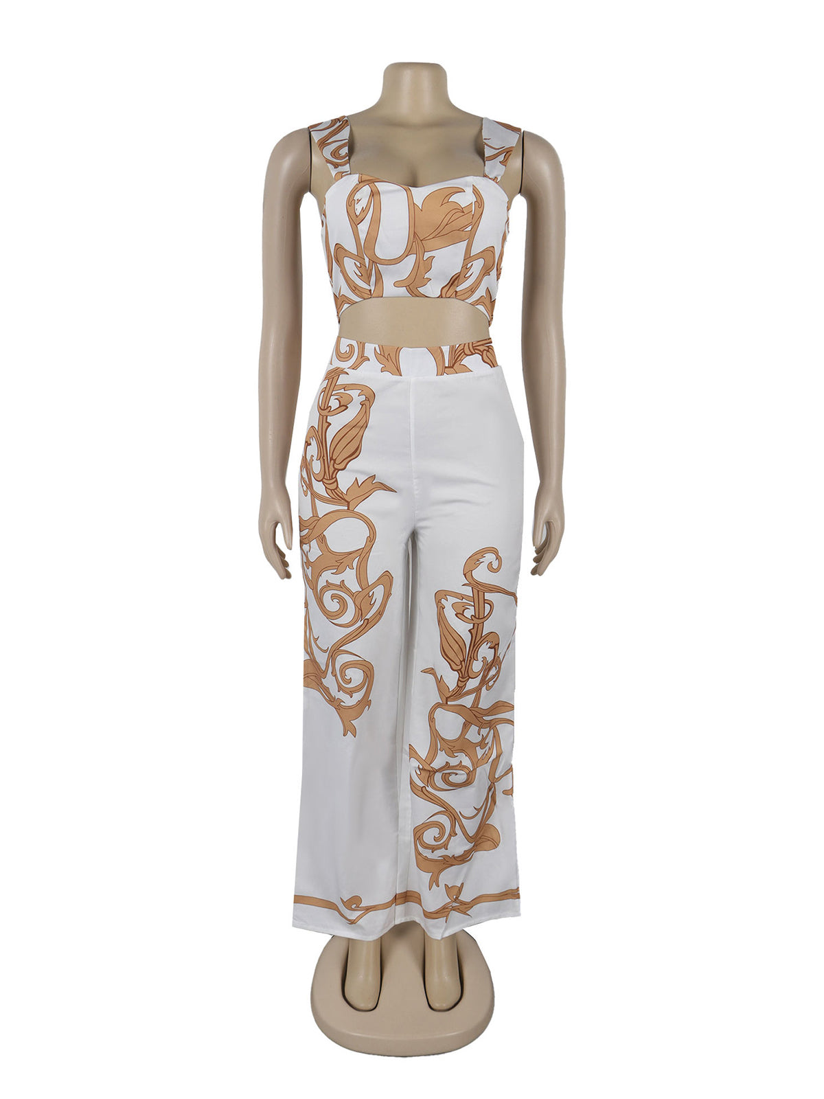 Sleeveless Print Crop Vest High Waist Wide Leg Pant Set