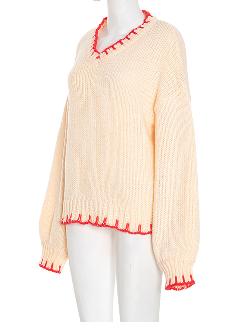 Casual V Neck Loose Contrast Stitch Chunky Knit Sweater