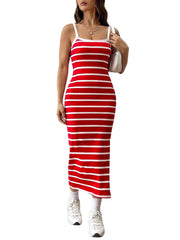 Casual Stripe Print Sleeveless Slim Long Dress