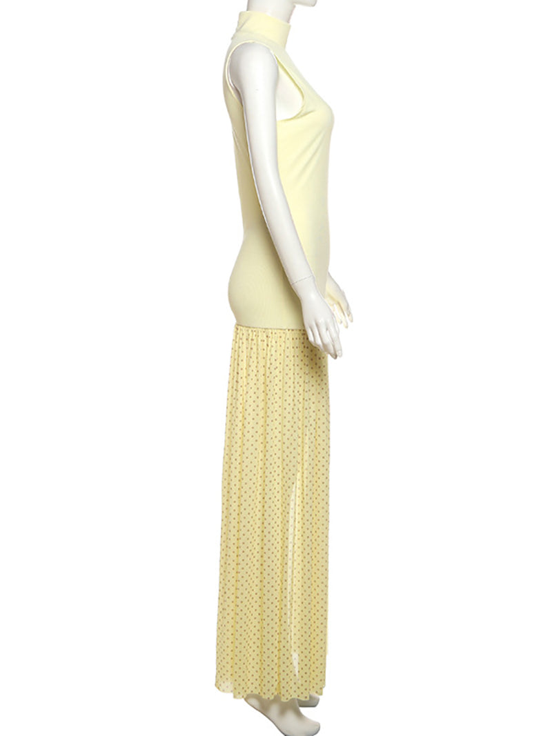 High Collar Polka Dot Sheer Mesh Patchwork Maxi Dress