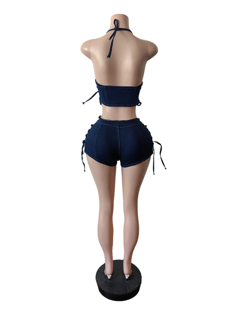 Sexy Lace-Up Denim Tube Vest And Shorts Casual Set