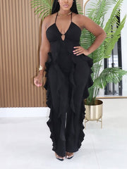 Halter V Neck Ruffle Wide Leg Jumpsuit