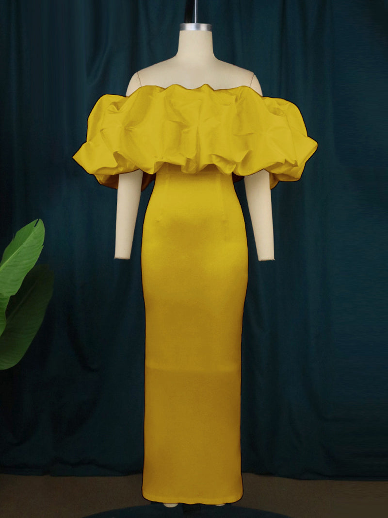 Elegant Off Shoulder Ruffle Trim Bodycon Dress