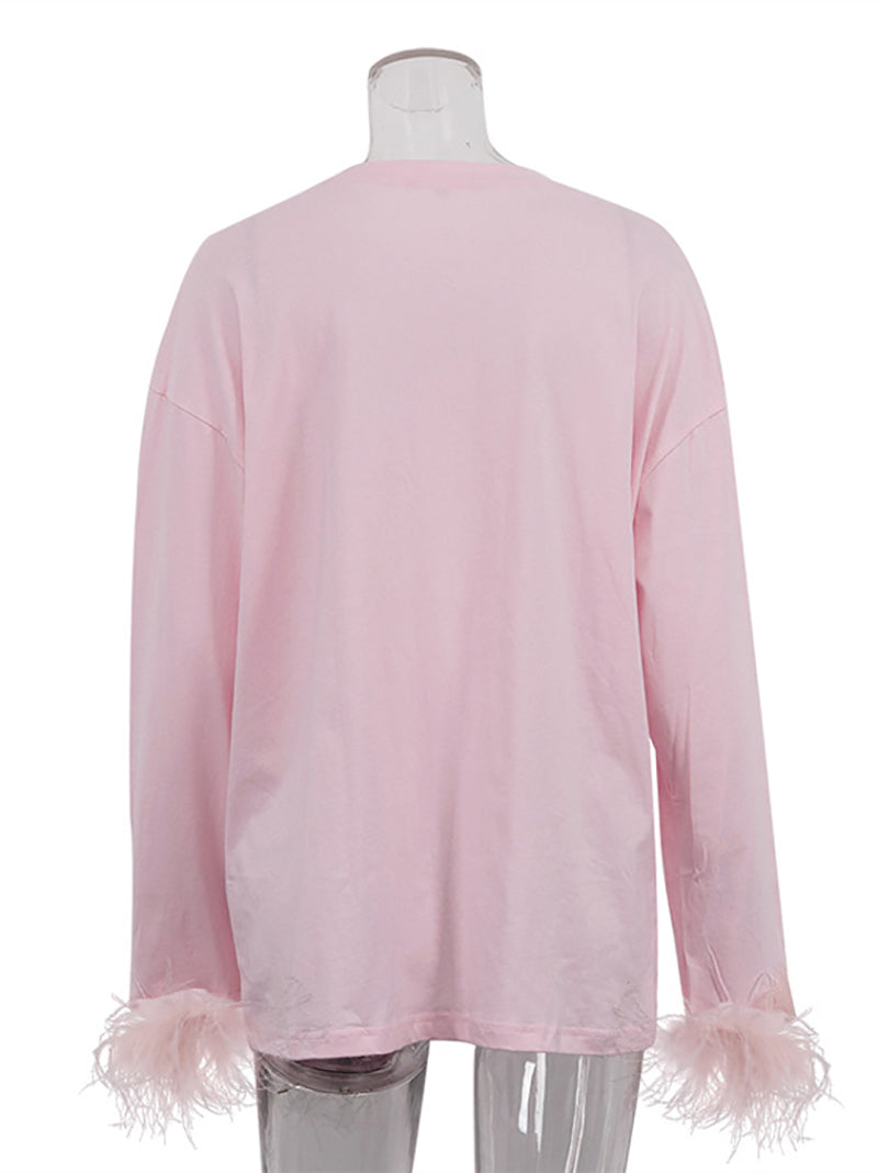 Causal Round Neck Long Sleeve Patchwork Feather T Shirt