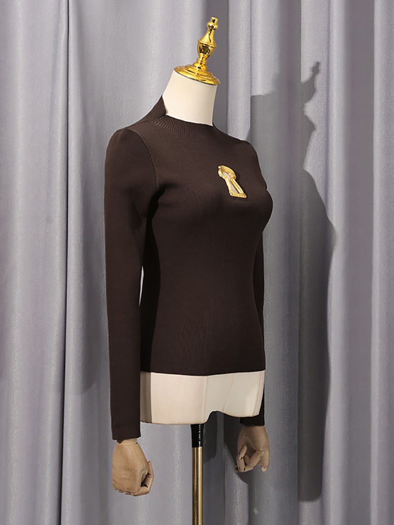 Round Collar Metal Keyhole Embellishment Knit Sweater
