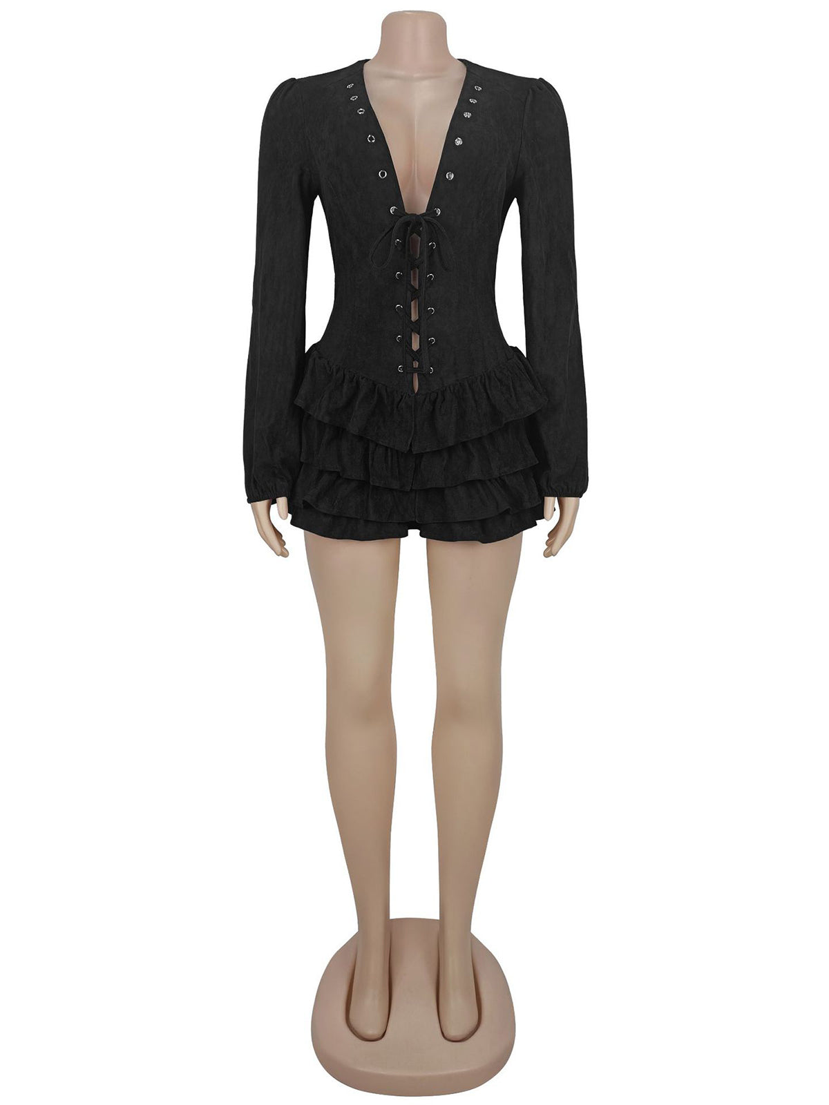 Fashion V Neck Lace-up Ruffled Tiered Mini Dress