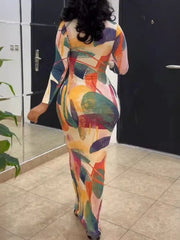 O Neck Print Long Sleeve Hollow Out Bodycon Maxi Dress