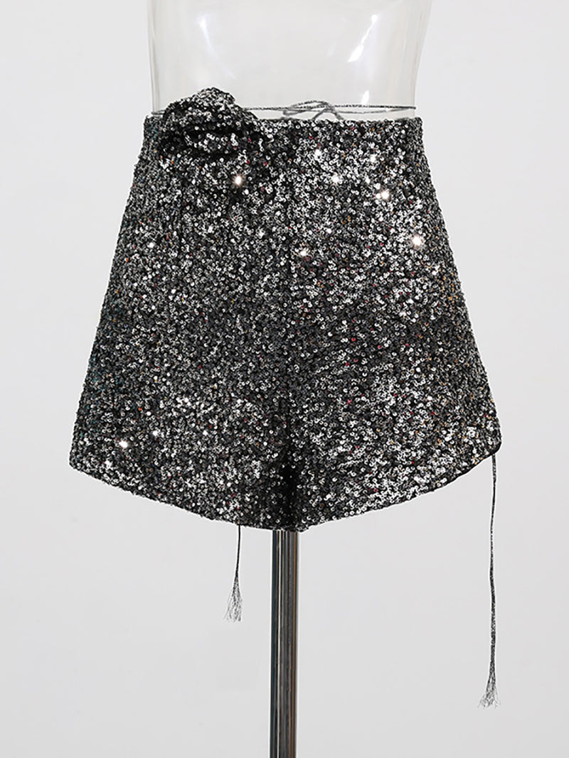 Fashion High Waist Sequin Floral Embellishment Shorts