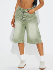 Water Washed Adjustable Buckle Denim Shorts
