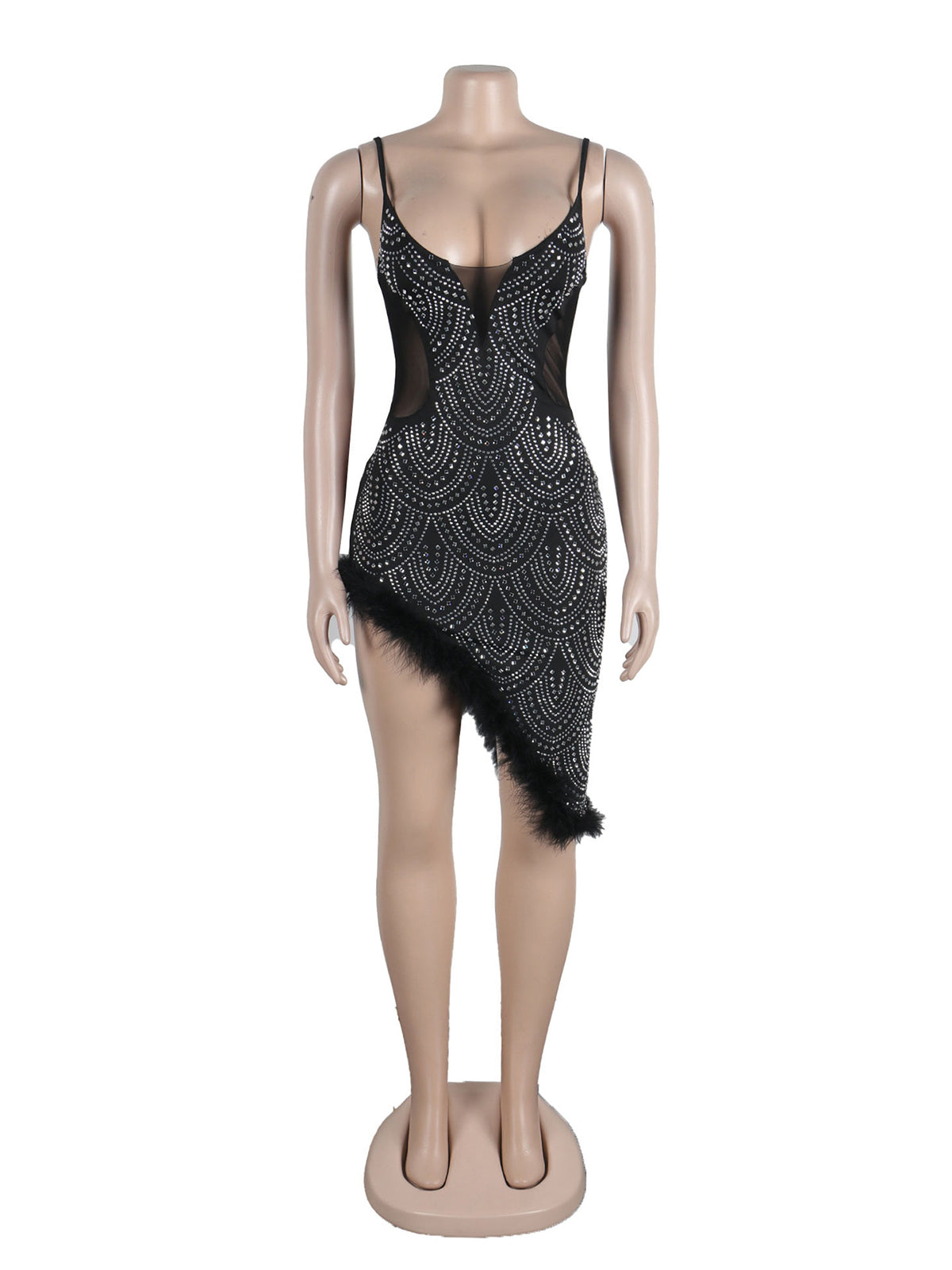 Sexy Rhinestone Mesh See through Feather Dress