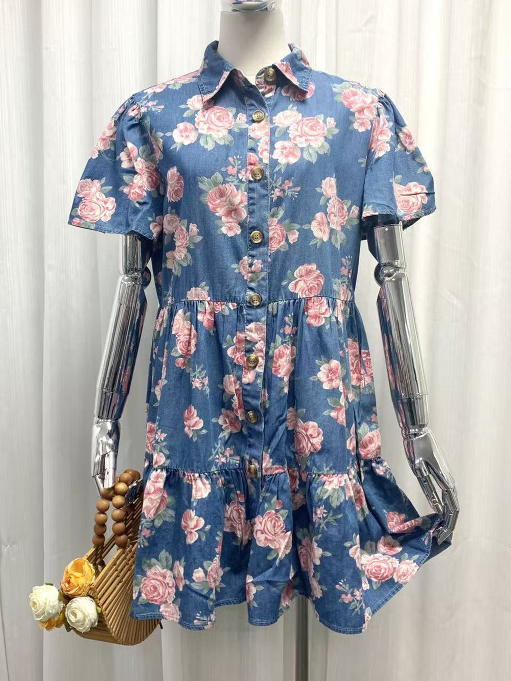 Vintage Loose Floral Print Shirt Dress