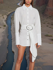 Solid Casual Patchwork Belt Lapel Blouse