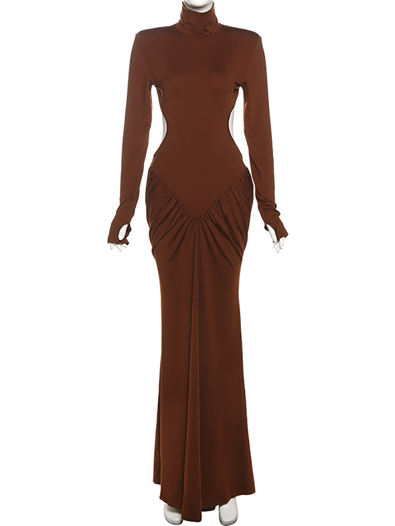 Elegant High Collar Cutout Ruched Maxi Dress