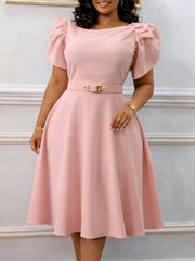 Elegant Solid Color Puff Sleeve High Waist Midi Dress