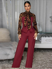 Women's Leopard Tie Neck Blouse and Pants Set