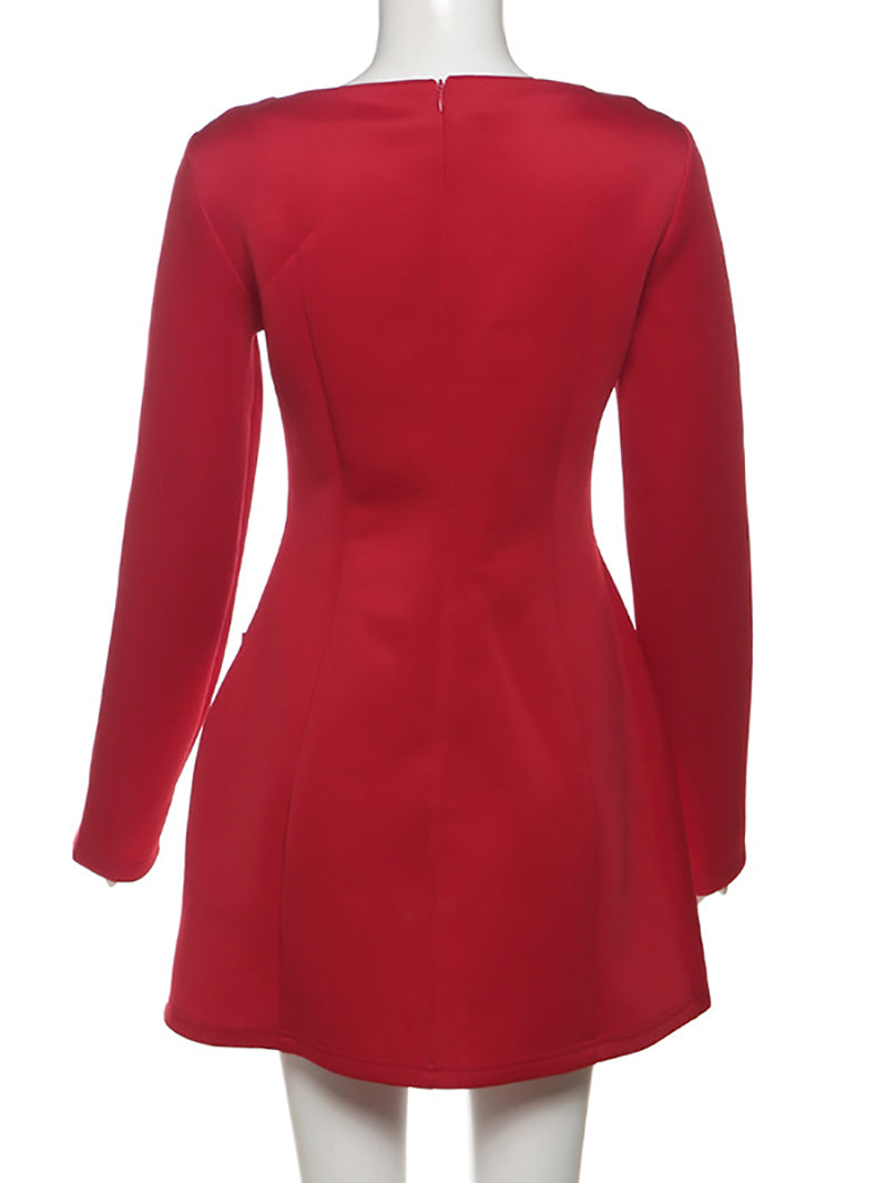 Elegance Bow Detail Boat Neck Long Sleeve Mini Dress