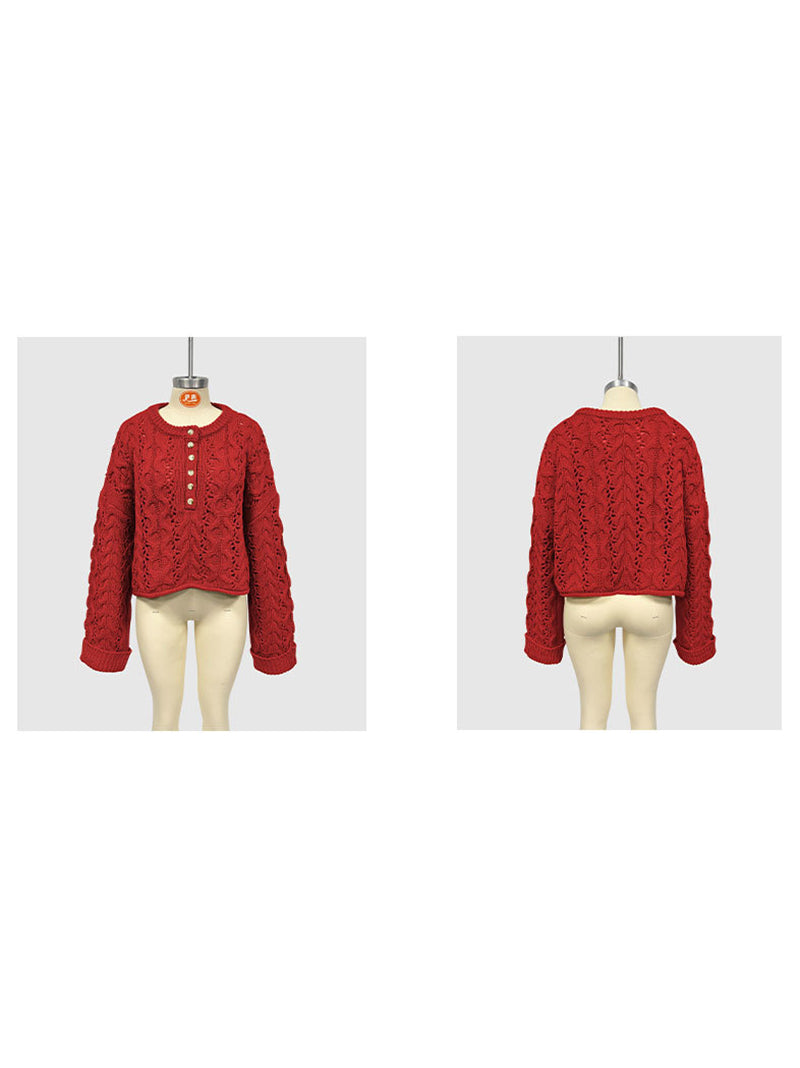 Vintage Textured Button Knit Pullover Sweater