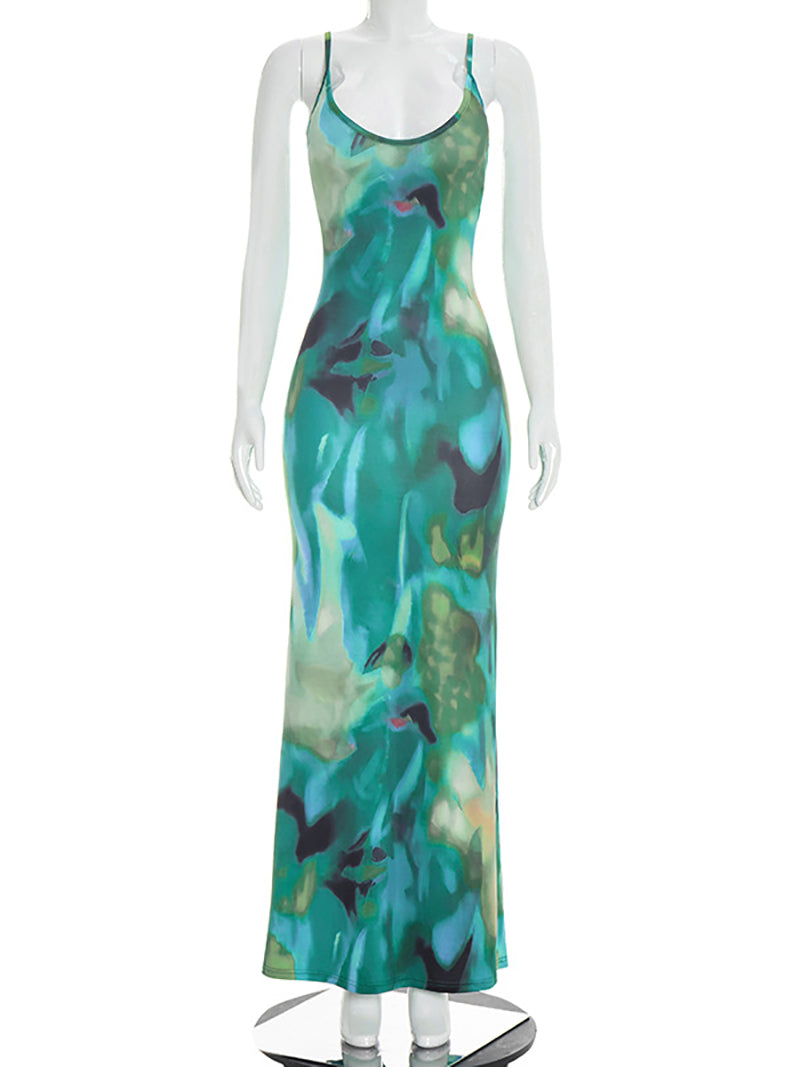 Holiday Style Sexy Tie-Dye Print Spaghetti Straps Slip Dress