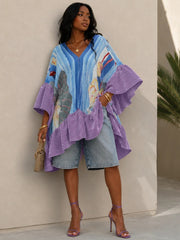 Printed Pleated V Neck Ruffle Sleeve Tunic