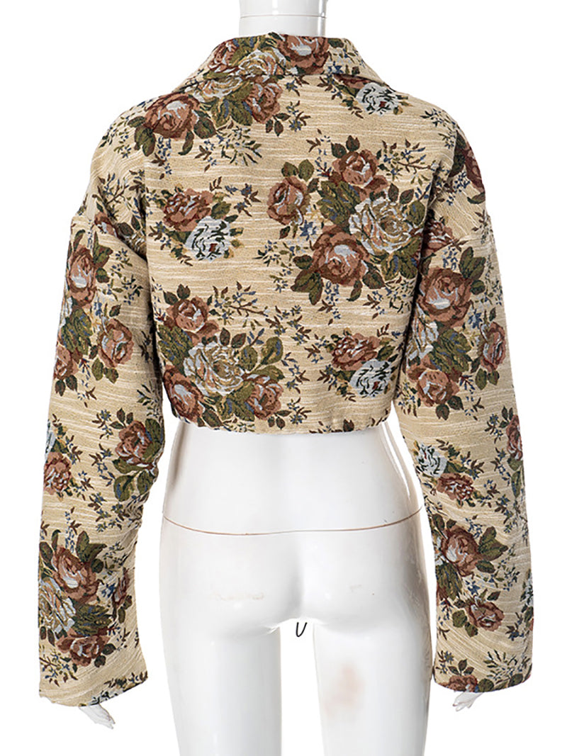 Fashion Floral Print Drawstring Cropped Jacket