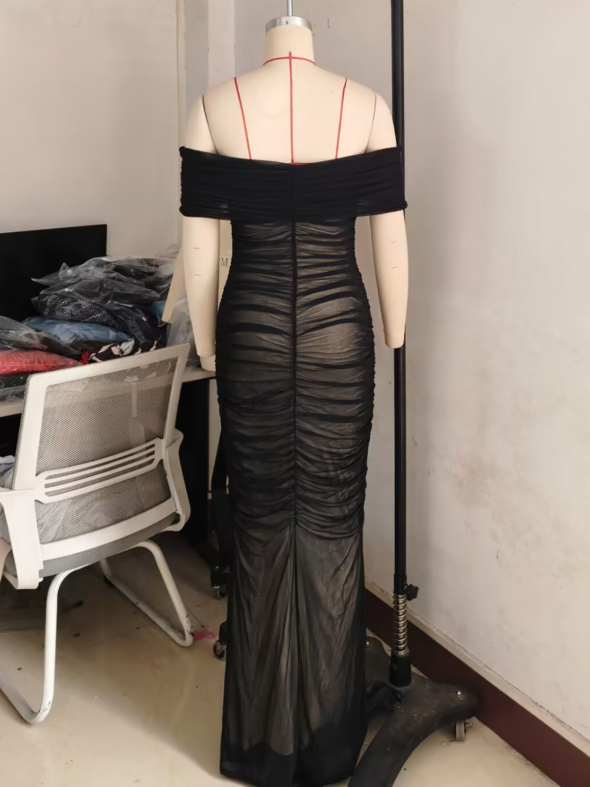 Sexy Off Shoulder Pleated See Through Mesh Dress