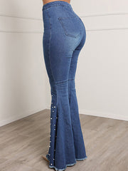 High Waist Flared Trousers Casual Rhinestone Jeans