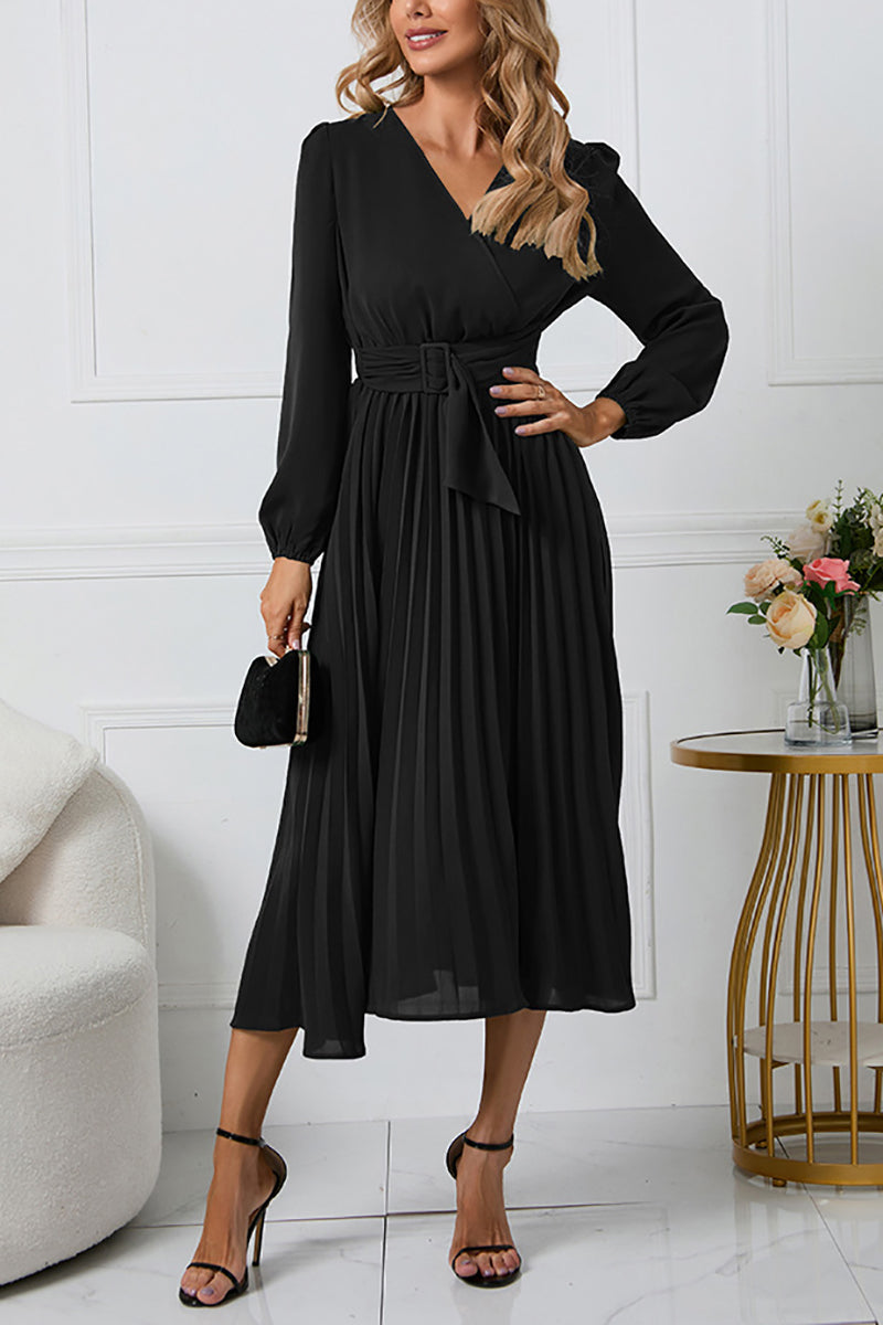 Casual Long Sleeve V-neck Slim Pleated Dress