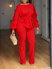 Ruffle Sleeve Drawstring Peplum Pants Set