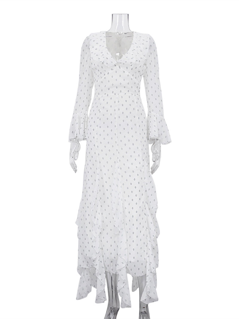 Sexy Slim Print Flare Sleeve Ruffles Maxi Dress