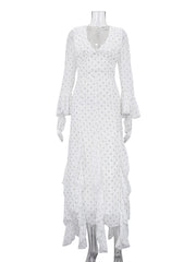 Sexy Slim Print Flare Sleeve Ruffles Maxi Dress