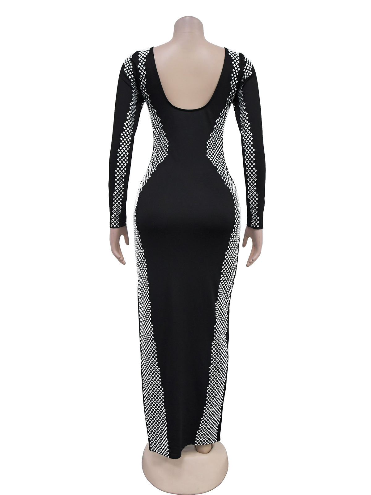 Sexy Rhinestone Bodycon Mesh Long Sleeve Maxi Dress