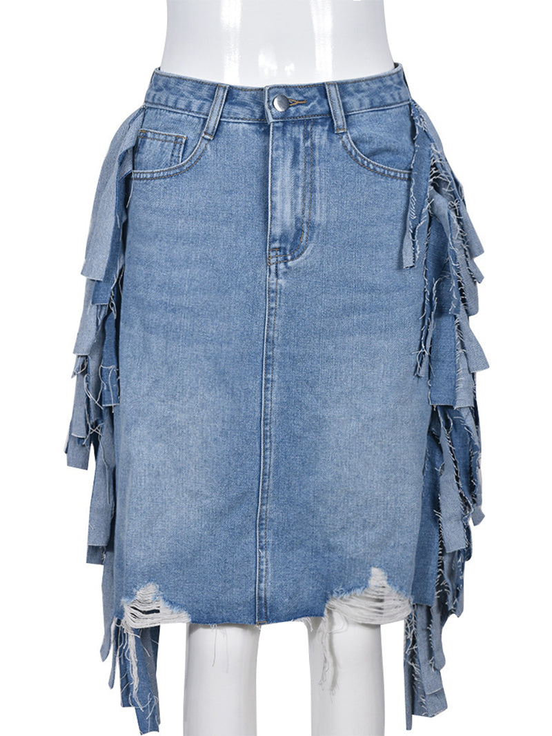 Casual High Waist Fringe Denim Skirt