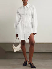 Fashion Lace-up Cinched Waist Asymmetric Shirt Dress