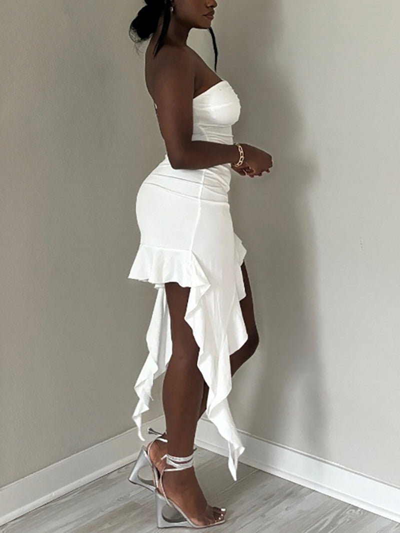 Sexy Strapless Ruffles Bodycon Midi Dress