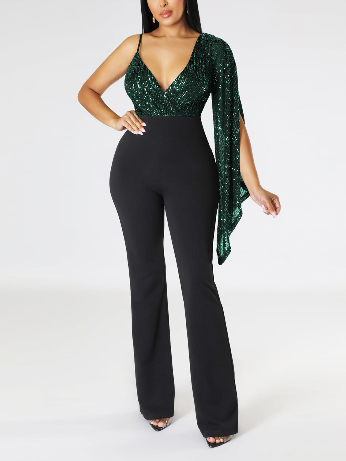 One-Shoulder Cape Sequin Patchwork Nightclub Jumpsuit