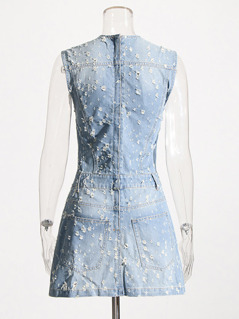 Casual Round Neck Sleeveless Frayed Mini Denim Dress