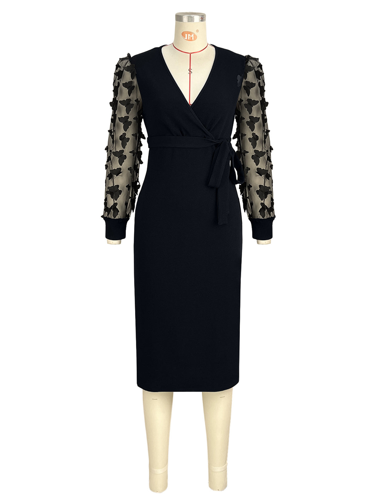 Elegant Butterfly Mesh Sleeve Tie Up V-Neck Dress