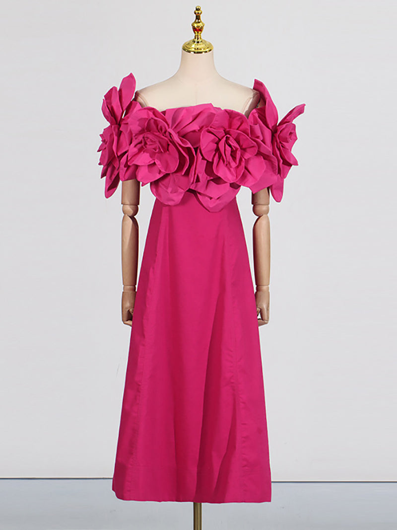 Elegant Off Shoulder Floral Applique Slim Midi Dress