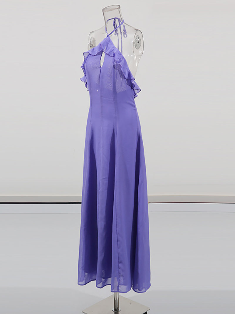 Elegant Sheer Mesh Ruffle Backless Halter Maxi Dress