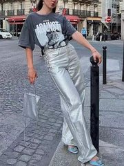 High Waist Metal Color Wide leg Trousers