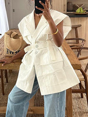 Casual Button V Neck Belted Sleeveless Top