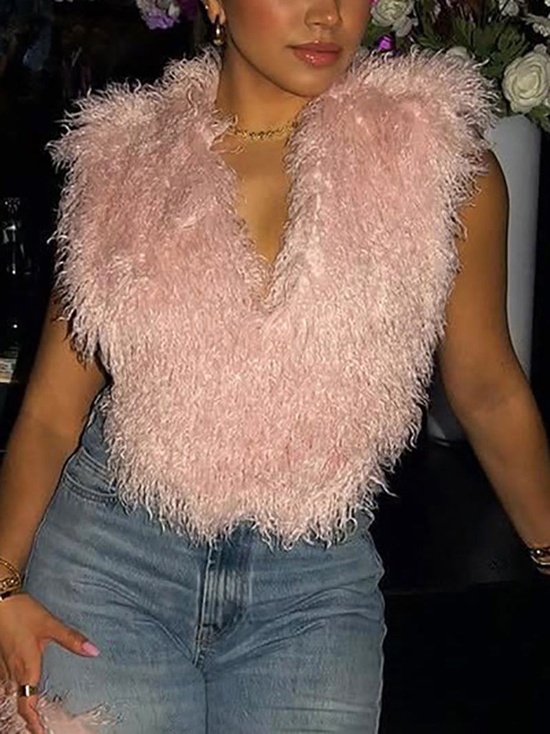 Sexy Halter Backless Lace-up Furry Vest Top
