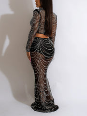 Rhinestones See-through Long Sleeve Maxi Skirt Set