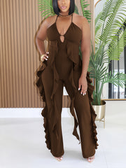 Halter V Neck Ruffle Wide Leg Jumpsuit