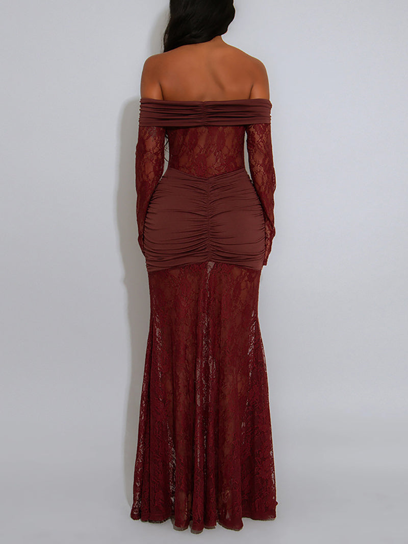 Sexy Off Shoulder Lace Ruched Maxi Dress