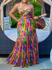 Strap Floral Print Large Swing Hollow Out Dress
