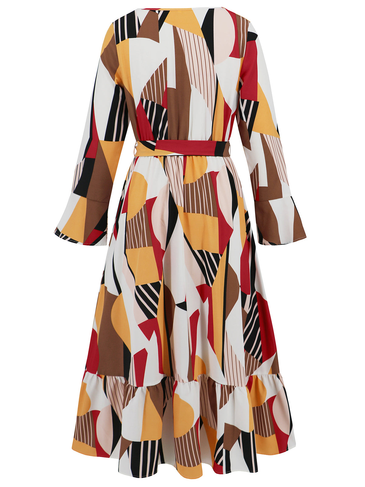 Casual Print Long Sleeve Bandage Midi Dress