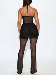 Ruched Sheer Lace-Up Backless  Jumpsuits