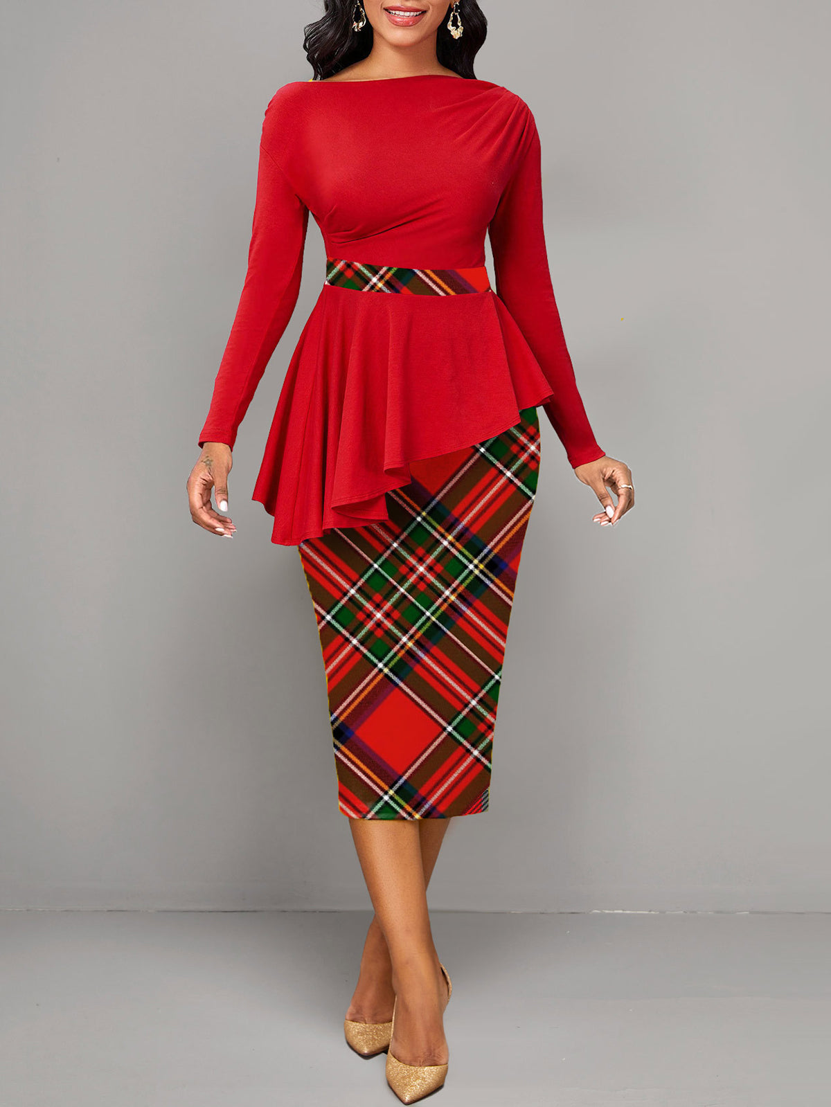 Elegant Plaid Pattern Button Front Ruffle Dress