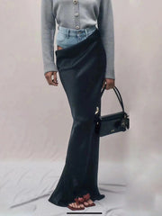 High Waist Denim Patchwork Satin Maxi Slip Skirt